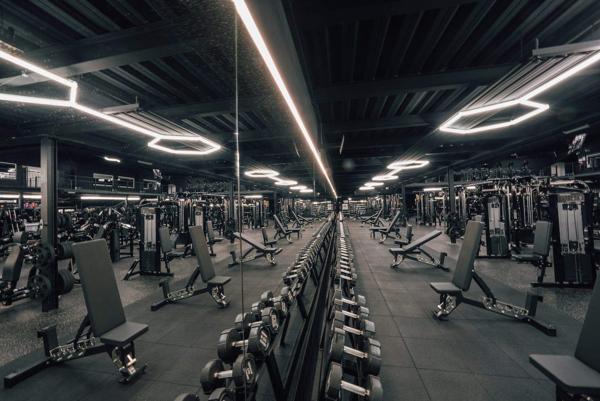 Aerial view of the Gladiator Gym training arena — machines and free weights in a black-and-gold hall