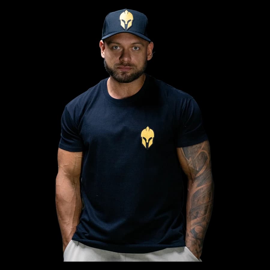 Black Gladiator Gym T-shirt with a small helmet on the front